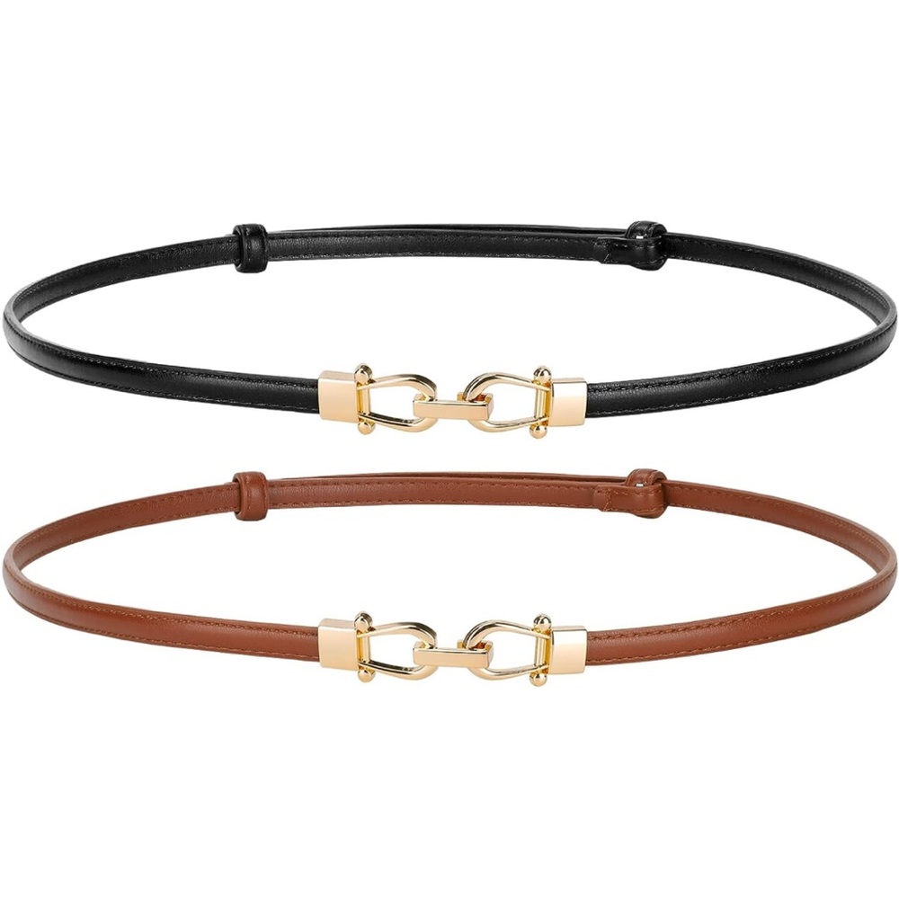Leather Skinny Women Belt Thin Waist Belts with Golden Buckle 2 Pack